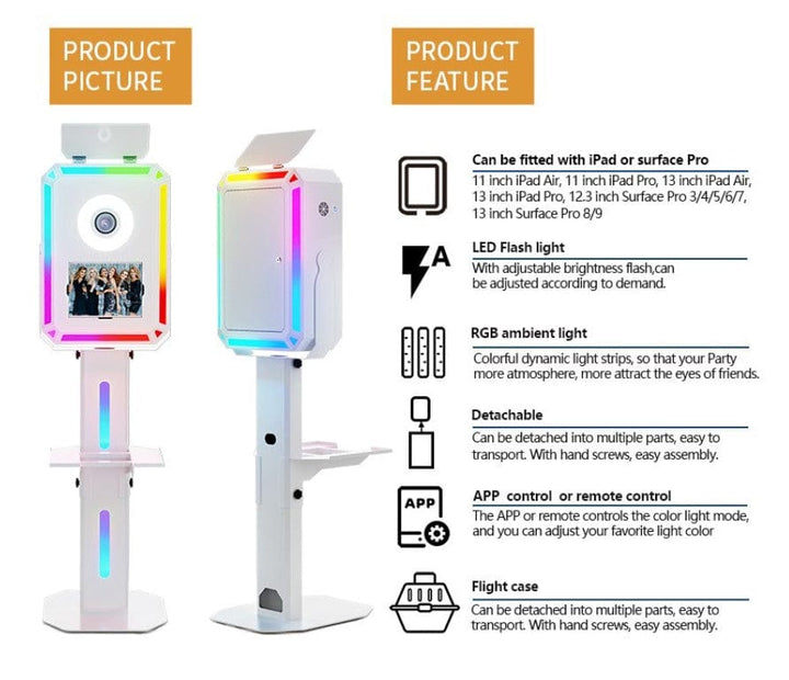 RGB Party Photo Booth Shell | LED Flash, Flight Case, Fits iPad & Surface Pro